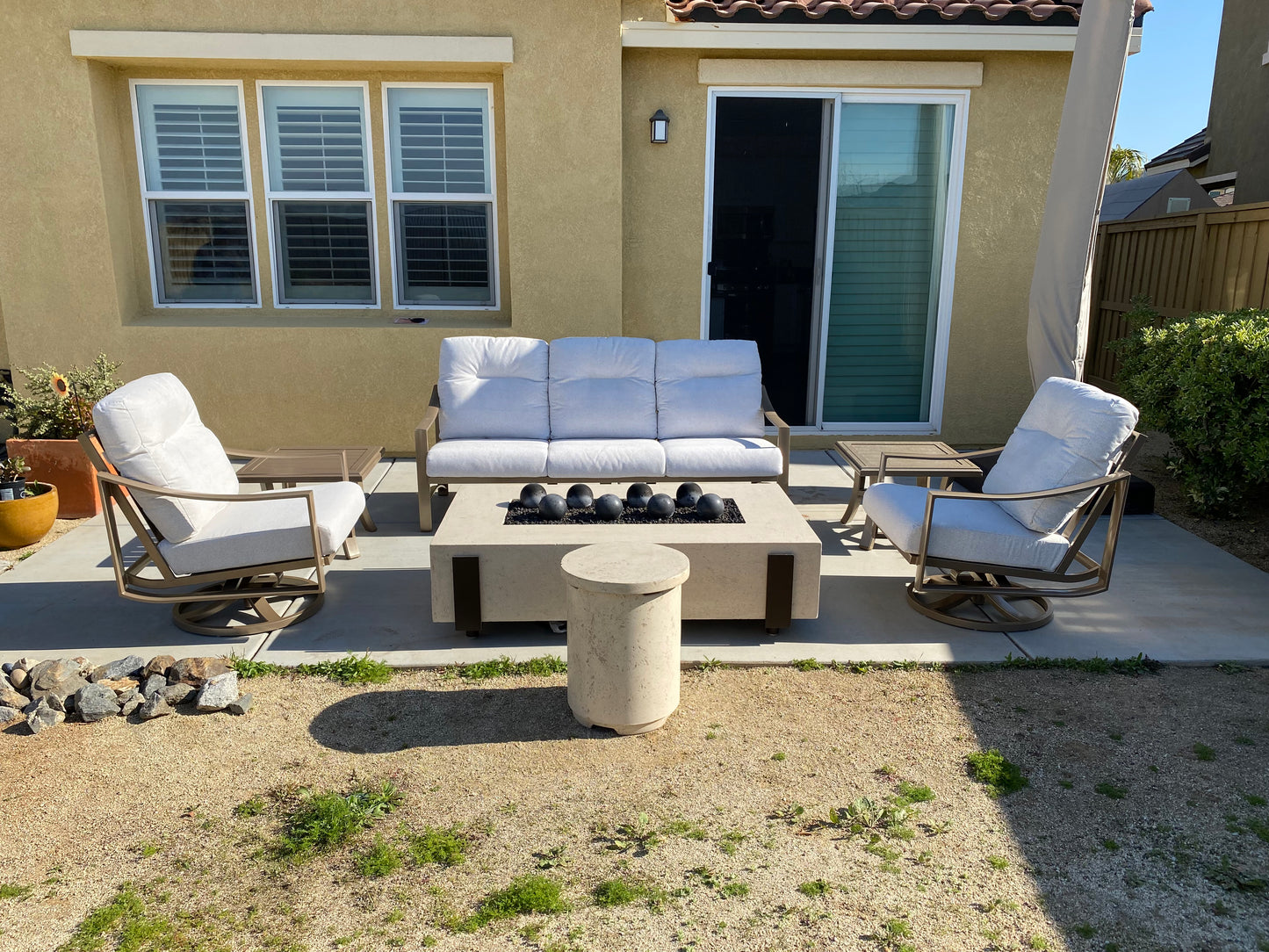 60" x 36" American Fyre Designs Iron Saddle Firepit Travertine 580-TR-11-M7