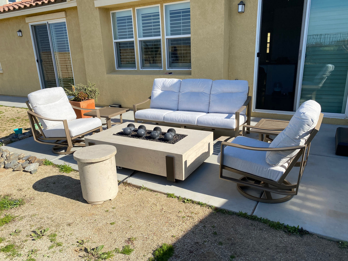 60" x 36" American Fyre Designs Iron Saddle Firepit Travertine 580-TR-11-M7