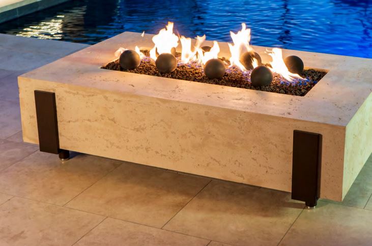 60" x 36" American Fyre Designs Iron Saddle Firepit Travertine 580-TR-11-M7