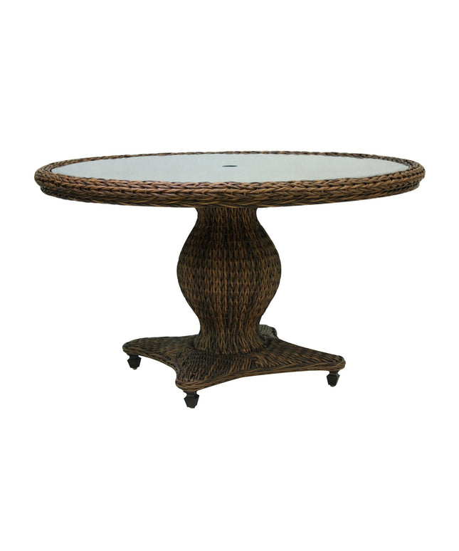 Patio Renaissance Antigua 61"Diameter x 30"H Round Dining Table with Glass Top 973860B + 973860TW - Cloves / Oak
