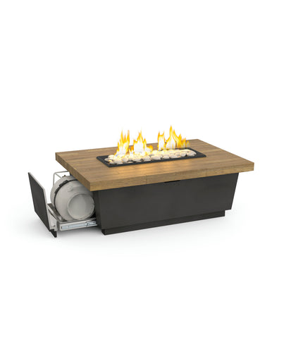 American Fyre Designs 76"W x 36"D x 18-1/2"H Rectangle Reclaimed Wood Contempo Fire Table LP Select Long w/ Drawer to house horizontal LP Tank 788-BA-FO-M8PC - French Oak