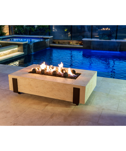 American Fyre Designs 72"W x 36"D x 17"H Iron Saddle Firepit 588-TR-11-87 - Travertine