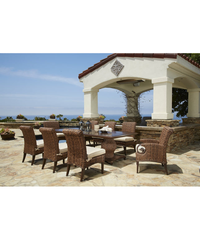 Patio Renaissance Antigua 9-Piece Rectangle Dining Set with Aluminum Faux Wood Top - Cloves / Sailcloth Sahara