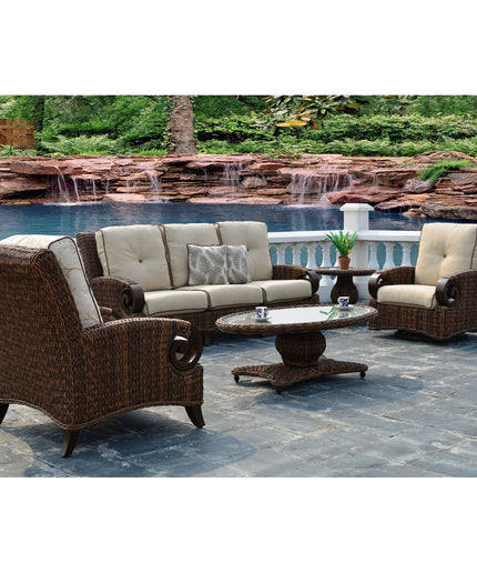 Patio Renaissance Antigua 52"W x 30"D x 22"H Oval Coffee Table with Glass Top 973834B + 973834TW - Cloves / Oak