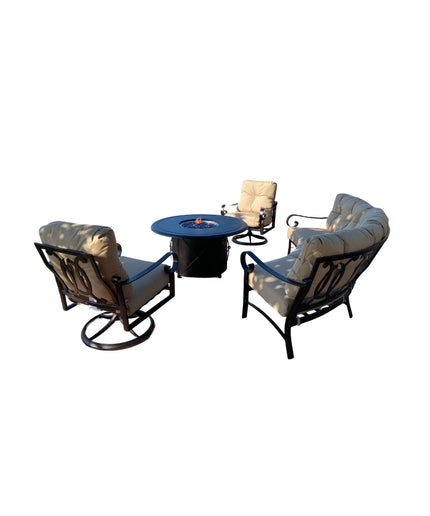 Woodard Belden 4-Piece Crescent Sofa Set with Fire Table - Textured Black / Canvas Heather Beige