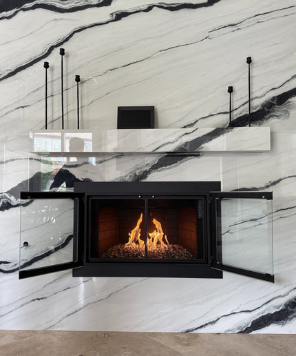 Phantom Modern Fireplace Doors - Matte Black / Brushed Chrome