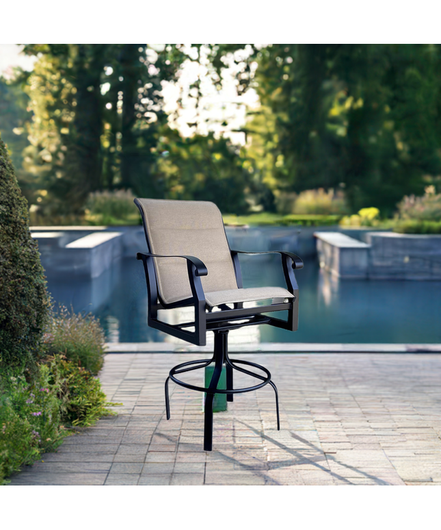 Woodard Cortland Padded Sling Swivel Bar Stool 420568 - Textured Black / Michelangelo Toast