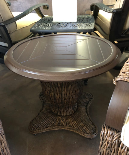 Patio Renaissance Antigua 26"Diameter x 21.5"H End Table with Faux Wood Top 973822B + 973822TA - Cloves / Oak