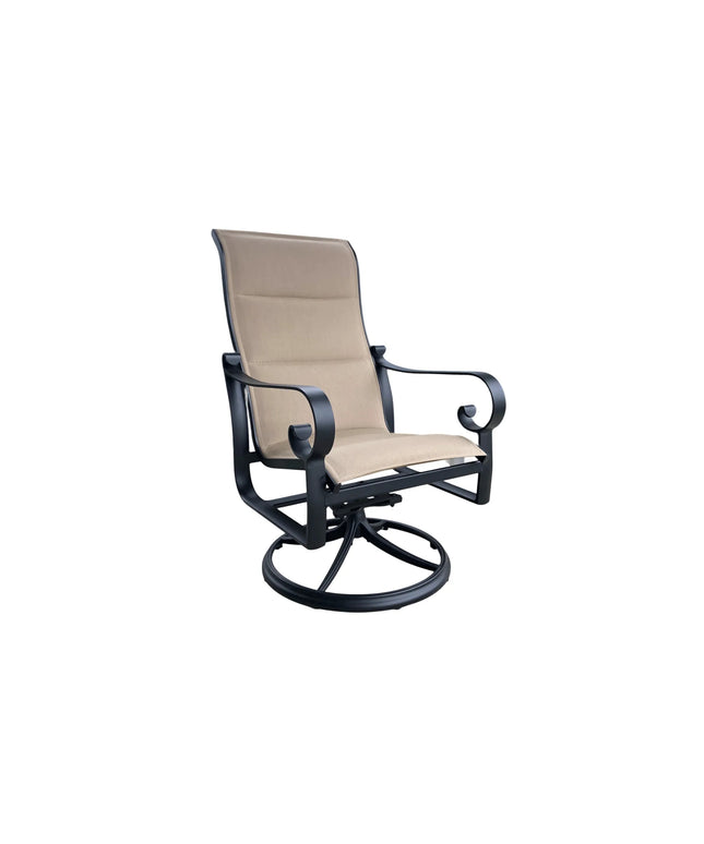 Woodard Belden Padded Sling High Back Swivel Rocking Dining Armchair 620566 - Textured Black / Canvas Heather Beige