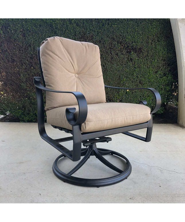 Woodard Belden Cushion Swivel Rocking Dining Arm Chair 690472M - Textured Black / Canvas Heather Beige
