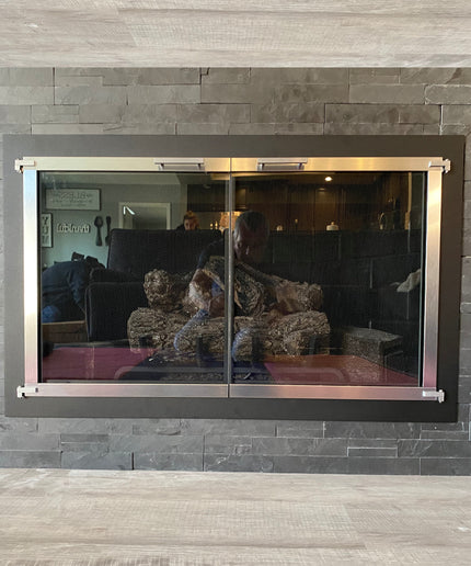 Brentwood Transitional Fireplace Doors - Textured Black / Brushed Chrome
