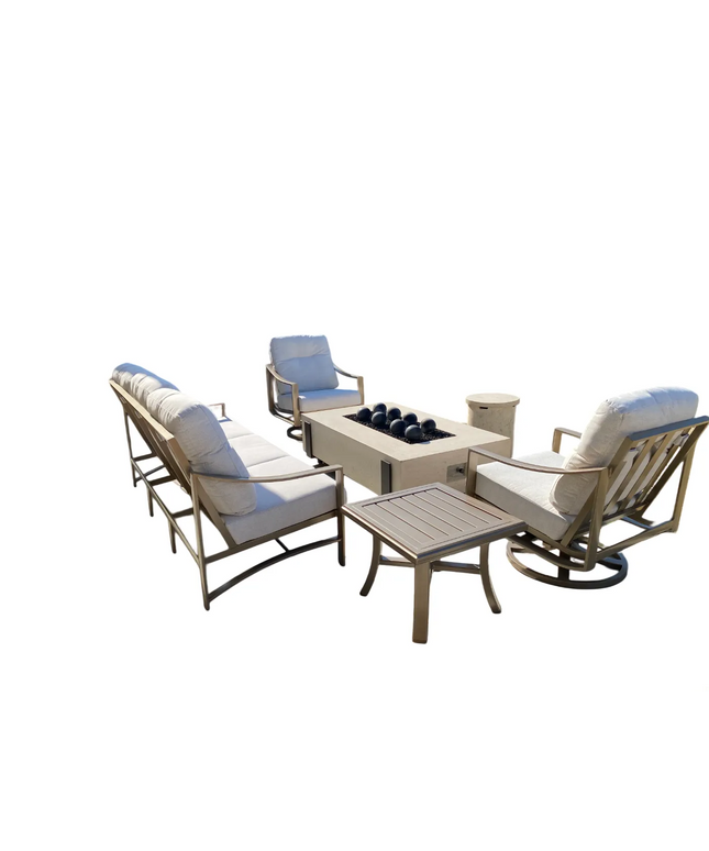 Tropitone Kenzo 7-Piece Sofa Set with Firepit - Almond / Parchment
