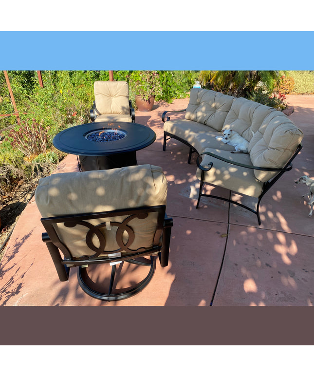 Woodard Belden 4-Piece Crescent Sofa Set with Fire Table - Textured Black / Canvas Heather Beige