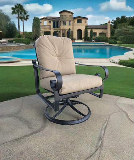 Woodard Belden Cushion Swivel Rocking Dining Arm Chair 690472M - Textured Black / Canvas Heather Beige