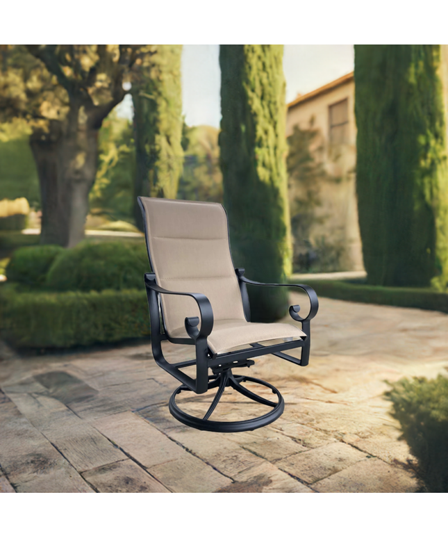 Woodard Belden Padded Sling High Back Swivel Rocking Dining Armchair 620566 - Textured Black / Canvas Heather Beige