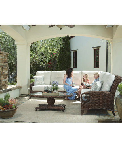 Patio Renaissance Antigua 52"W x 30"D x 22"H Oval Coffee Table with Glass Top 973834B + 973834TW - Cloves / Oak